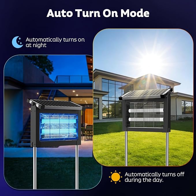 Solar Bug Zapper Outdoor, Mosquito Zapper Waterproof Electric Fly Zapper Rechargeable Mosquito Killer Lamp with 10W Solar Panel, 4500V Cordless Fly Trap for Backyard, Patio, Garden, RV, Camping