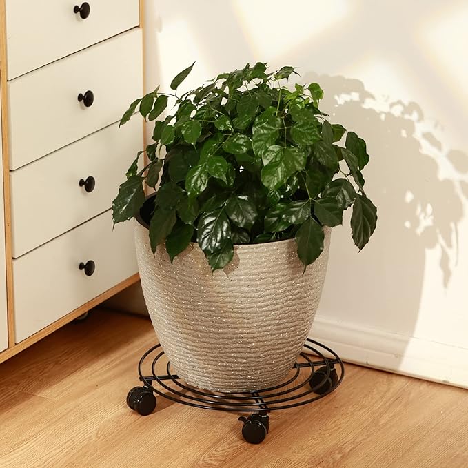 6 Packs 12 Inches Large Metal Plant Caddy with Wheels Rolling Plant Stands Heavy-duty Wrought Iron Plant Roller Base Pot Movers Plant Saucer on Wheels Indoor Outdoor Plant Dolly with Casters Planter Tray Coaster