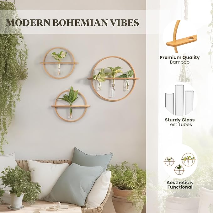 Plant Propagation Stations - Set of 3 Bamboo Wall Planters for Indoor Plants with 5 Glass Plant Propagation Tubes | Propagation Vases for Plants | Aesthetic Plant Wall Decor