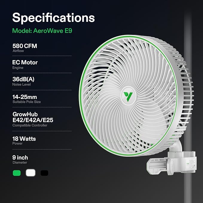 VIVOSUN AeroWave E9 Grow Tent Fan, 9" Oscillating Clip Fan with EC Motor, WiFi-Controllable US Patented Auto Circulation Tent Fan, IP54 Weatherproof, Strong Airflow & Quiet for Hydroponic Ventilation
