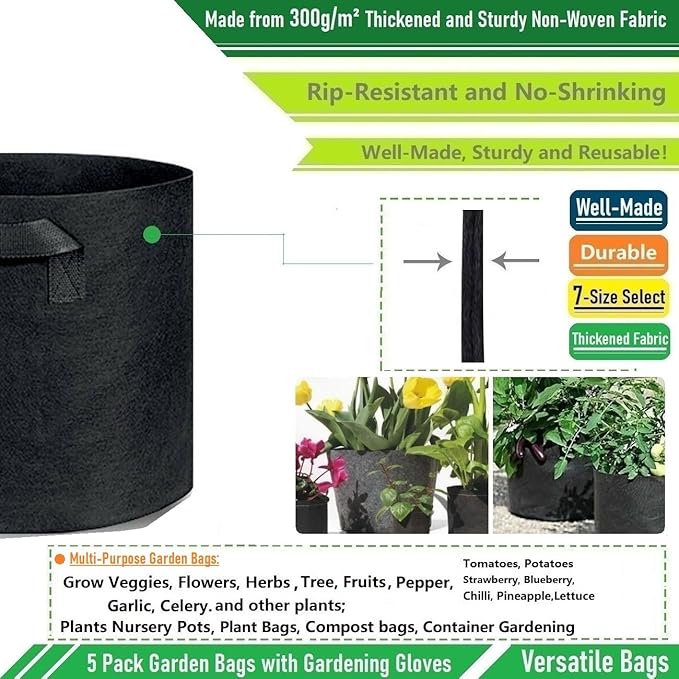 5-Pack 7 Gallon Plant Grow Bags (14x12 inch) Thickened Fabric Plant Pots Garden Bags for Tomato,Potato Planter Bag,Herbs Veggies Planters,Flower Pot,Garden Pot,Barrel Planter,Plant Container W/ Gloves