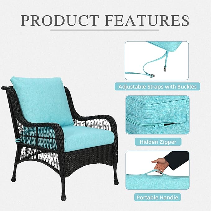Aoodor 24" x 24" Patio Deep Seat Cushion Set, Water Resistant & Fade Resistant Outdoor Furniture Cushions with Adjustable Straps for Patio, Deck, Garden, Set of 2, Teal
