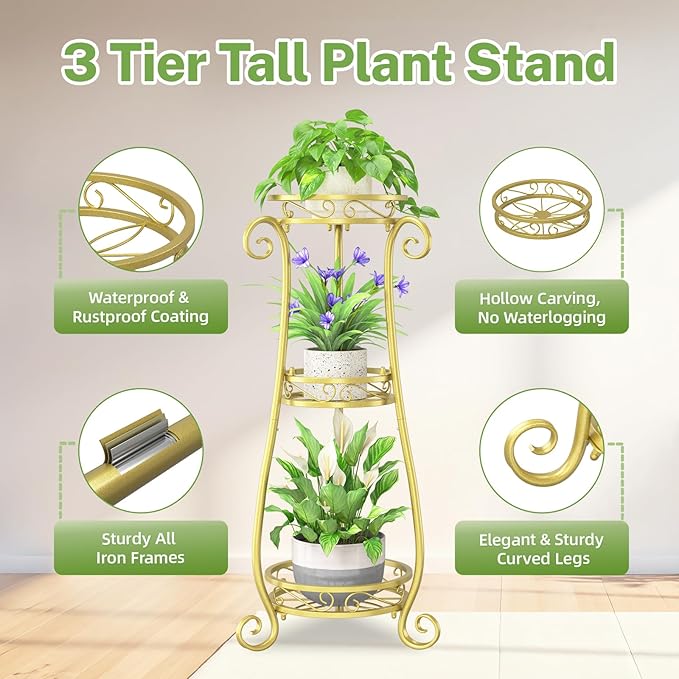 iDavosic.ly 3 Tier Metal Plant Stand Indoor Outdoor, Wrought Iron Corner Tall Flower Pot Holder Shelf, 34 Inch Vertical Heavy Duty Display Rack for Patio Porch Living Room Garden, Gold