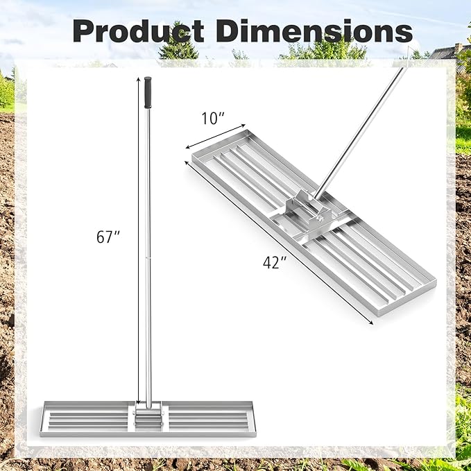 42" x 10" Lawn Leveling Rake, Heavy Duty Landscape Rake with 67" Handle, Non-Slip Grip & Flat Head, Space-Saving Lawn Level Tool for Garden, Backyard, Golf Course & Sports Field(Silver)