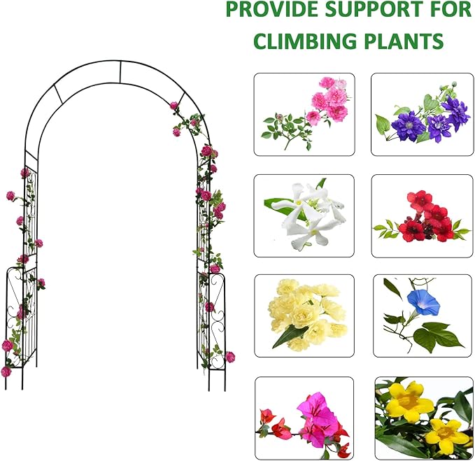 Metal Garden Arch, Assembly Garden Arbor Trellis Climbing Plants Support Rose Arch Outdoor Wedding Arch Party Events Archway (W55'' x H94.5'', Black)