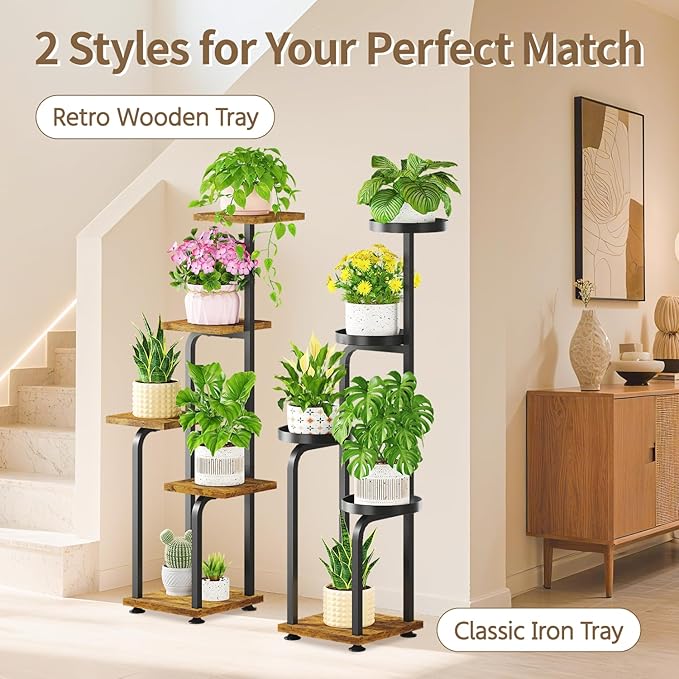 LASZOLA Black 5 Tiered Tall Plant Stand Indoor with Heavy Duty Wood Tray, Large Multi Level Vertical Planter Rack for Narrow Corner, Sturdy Rustic Tall Orchid Flower Shelving Holder for House Decor