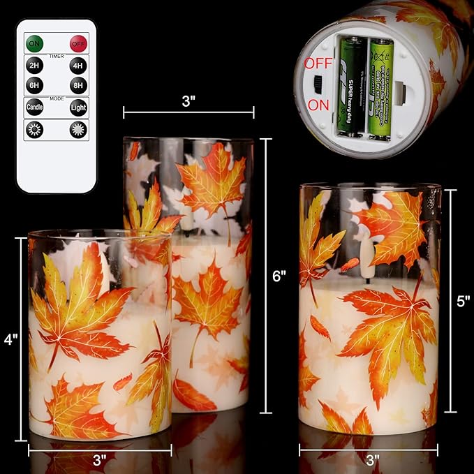 GenSwin Glass Maple Leaf Flameless Candles with Remote Timers, Battery Operated LED Flickering Candles, Real Wax Pillar Candles Christmas Wedding Decoration