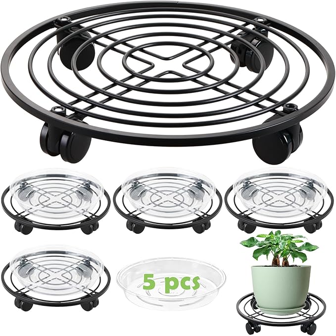 12" Metal Plant Caddy with Wheels 5 Packs Large Rolling Plant Stands Indoor Wheeled Plant Dolly Heavy-duty Pot Mover Roller Base Outdoor Plant Trolley Cart with Brake Water-proof Dust-proof, Black
