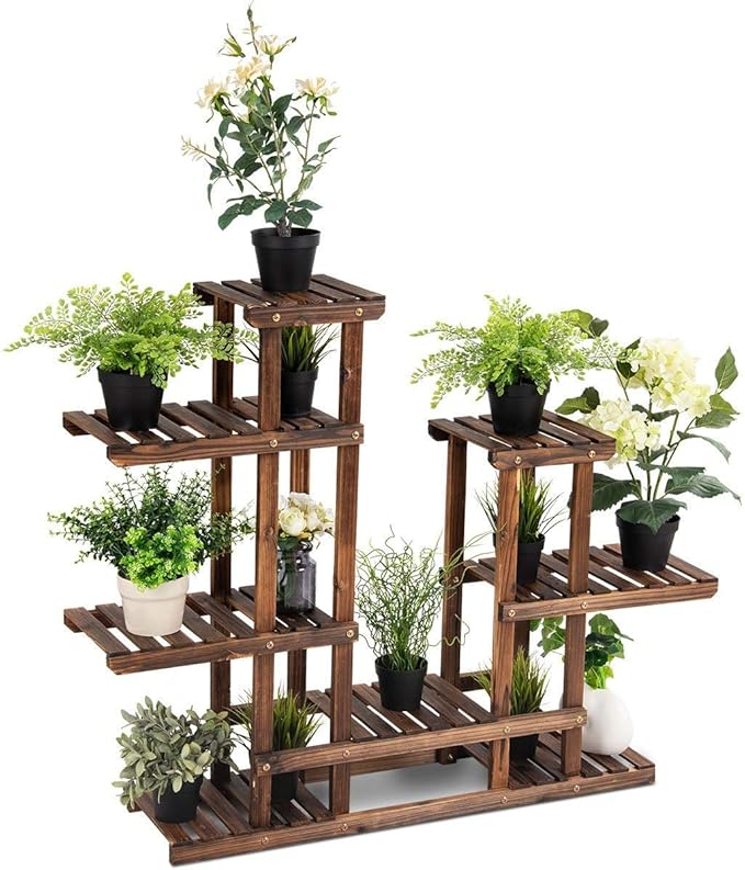 Giantex Flower Rack Wood Plant Stand 7 Wood Shelves 13 Pots Bonsai Display Shelf Indoor Outdoor Yard Garden Patio Balcony Living Room Multifunctional Storage Rack Bookshelf W/Hollow-Out Rack