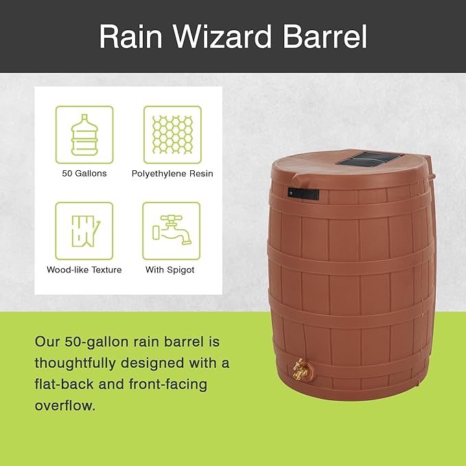 Good Ideas Rain Wizard 50 Gallon Plastic Rain Barrel for Outdoor Rainwater Collection and Storage Features a Metal Spigot and Flat Back Design, Terra Cotta