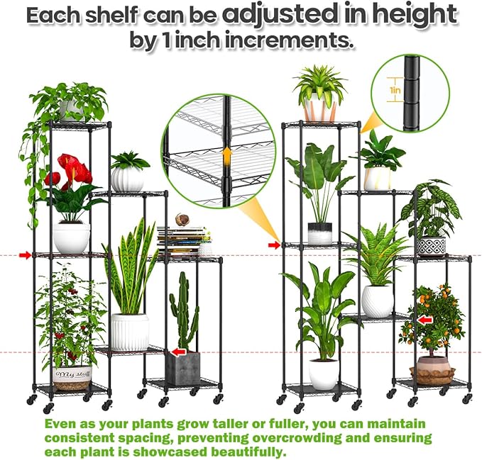 Abimars 59'' Plant Stand with Wheels, Shelf Height Adjustable Metal Plant Shelf for 7 Potted Plants, DIY Assembly Indoor & Outdoor Plant Display Rack