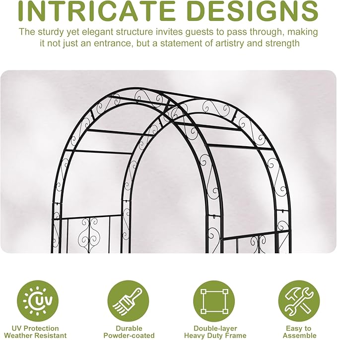 Outvita 7FT Garden Arch Arbor with Entry Door, Heavy Duty Metal Arbour Archway, Decorative Frame Stand Trellis with Ground Stakes for Wedding Ceremony Party Plant Climbing Rose Vines Patio Black