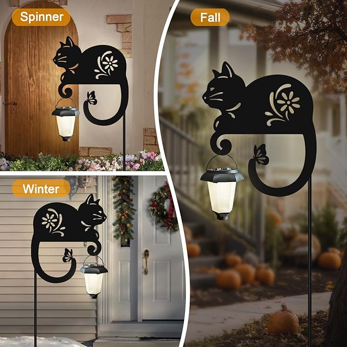 Metal Black Cat with Solar Lantern Garden Stake,Outside Decorations for Yard,Solar Lights for Pathway,Yard Unique,Women Gifts