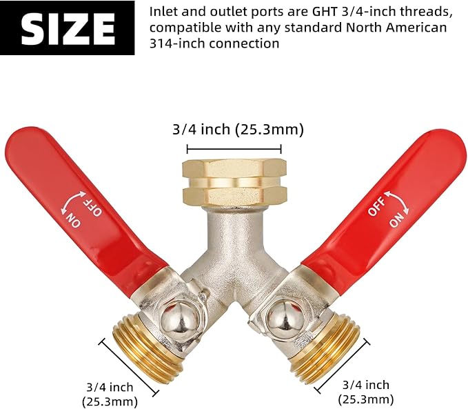 Hose Splitter 2 Way, High Flow Garden Hose Splitter, 3/4” Ght Inlet Brass Heavy Duty Hose Converter, Full Flow water 2 Way Faucet hose splitter, Long Handle Hose Valve Large Outlet.