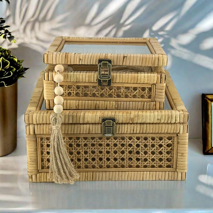 Rattan Square Box with Lid - Set of 2 Wicker Decorative Bins with Glass Cover for Display