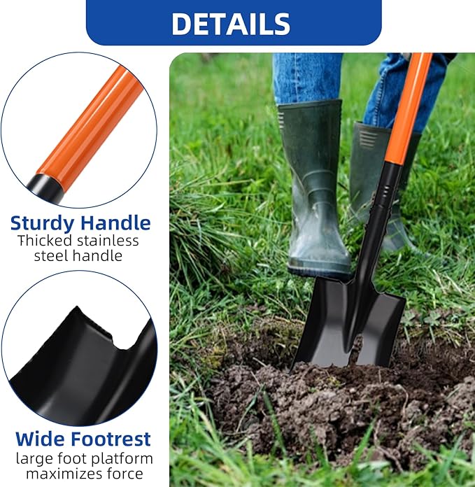 Small Square Shovel for Digging with Metal Handle, 43.3 Inch Heavy Duty Small Shovel, Trench Shovels Ideal for Digging Gardening Trenching Camping Planting Transferring, Orange