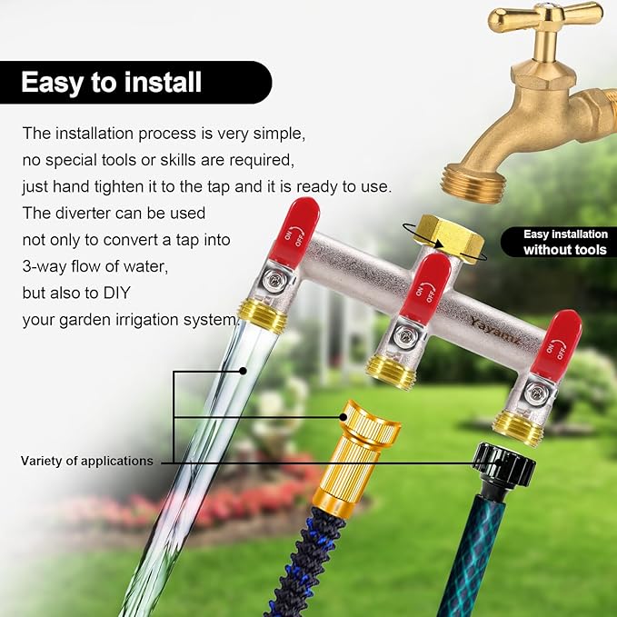 3 Way Garden Hose Splitter, Heavy Duty Brass Nickel Plated Rust Resistant Faucet Manifold, 3/4" Frost Resistant Outdoor Hose Adapter Connector，Hose Spigot Adapter with 3 large red handles