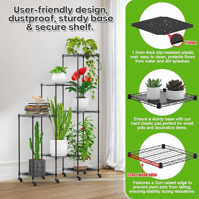 Abimars 59'' Plant Stand with Wheels, Shelf Height Adjustable Metal Plant Shelf for 7 Potted Plants, DIY Assembly Indoor & Outdoor Plant Display Rack