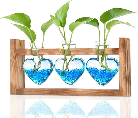 Nacome Plant Terrarium Propagation Stations: Christmas Gifts for Plant Lovers Women Mom Wife - Wooden Stand Tabletop Planter 3 Bulb Glass Vase Heart Shaped for Hydroponics Indoor Home Office Decor