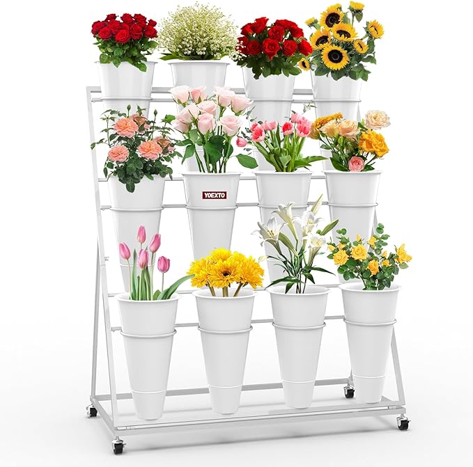 Flower Display Stand with Buckets, 3-Layers 12 PCS Buckets Plant Stand with Wheels, Movable Metal Plant Stand for Terrace Garden, Living Room, Florist Shop (White Frame - White Buckets, 3-Tier)