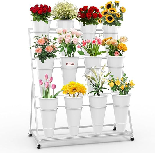 Flower Display Stand with Buckets, 3-Layers 12 PCS Buckets Plant Stand with Wheels, Movable Metal Plant Stand for Terrace Garden, Living Room, Florist Shop (White Frame - White Buckets, 3-Tier)