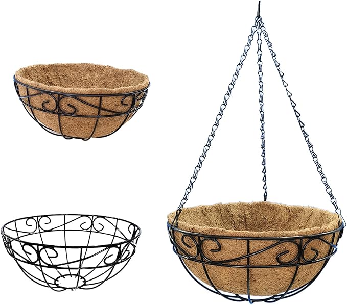 Outdoor Metal Hanging Planters Basket (4pack, 14 inch) Hanging Baskets for Plants Chain Round Wire Plant Holder with Coco Fiber Liners for Garden, Patio, Deck, Porch(Flower Border)