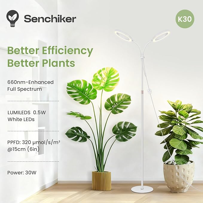 Large Plant Lights for Indoor Growing 24V, 660nm-Enhanced Full Spectrum, LUMILEDS LED Grow Light, 2×6.3in Grow lamp with Timer & Dimming, Adjustable Height 22-70in, 30W, 320μmol/s/m²@6in, K30-W