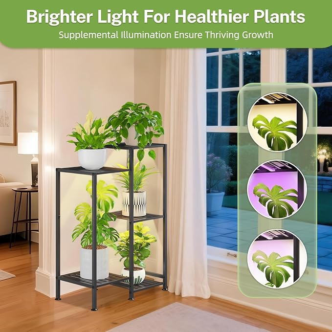 iDavosic.ly Indoor Plant Stand with Grow Light, Metal 5 Tier Corner Flower Holder Shelf Outdoor for Large Pots, Tall Rack for Patio Porch Balcony Living Room, Black