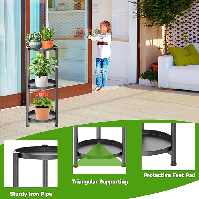 3 Tiered Plant Stand Indoor Outdoor, Metal Corner Plant Stand Plant Shelf Tables, Heavy Duty Flower Shelf Display Rack for Indoor Living Balcony Patio Garden Bedroom Classroom, Black (Black-A)