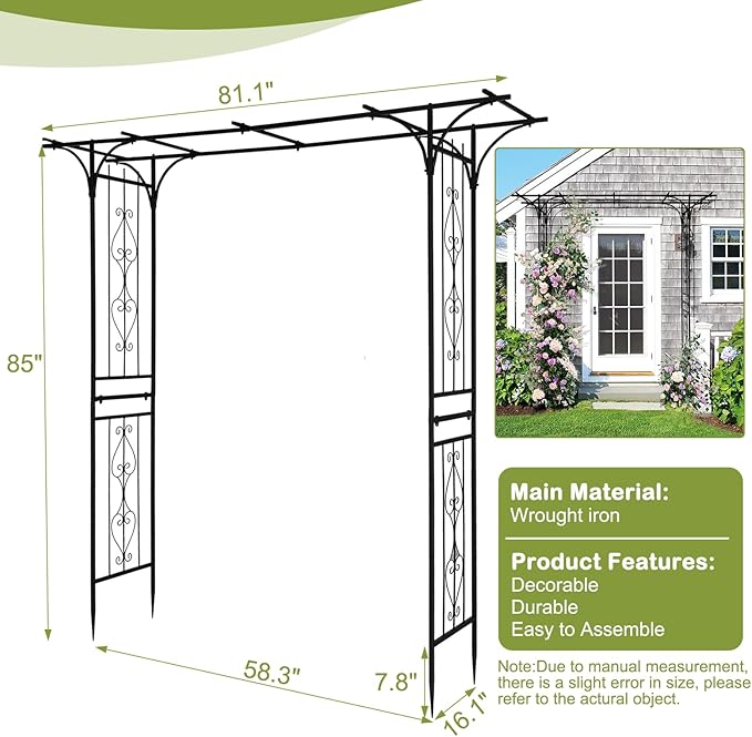 Outvita 7Ft Garden Arch Arbor, Steel Frame Stand Trellis, Arbour Archway for Wedding Ceremony Decoration Plant Climbing Rose Vines Lawn Courtyard Patio Black
