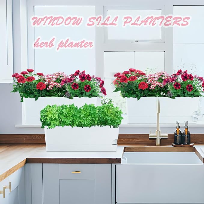 2 Pack Self Watering Pots for Indoor Plants 17 Inches Window Boxes Planters Rectangular Flower Pots Rectangle Herb Pots Large Plant Pots with Drainage Holes and Saucers Windowsill Planter, White