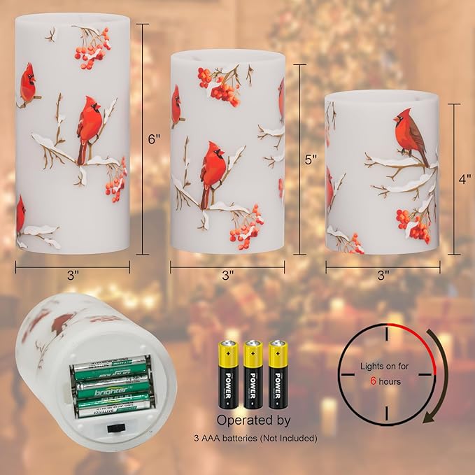 GenSwin Red Bird Flameless Candles with Timer, LED Candles with 3D Wick, Real Wax Pillar Candles for Halloween Christmas Indoor Decorations(D3” x H4”5”6”)