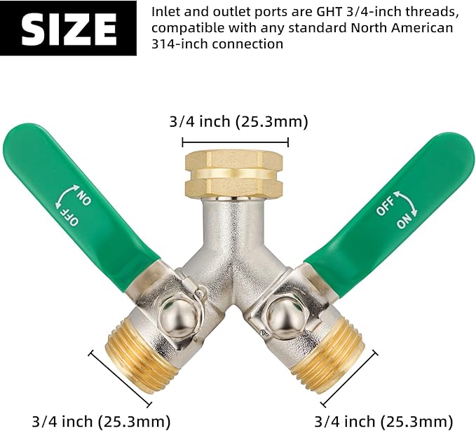 2 Way Hose Splitter, Brass High Flow Garden Hose Splitter Heavy Duty, Hose Connector, Water Spigot Splitter, Full Flow Faucet Splitter with shutoff, 3/4” GHT Inlet