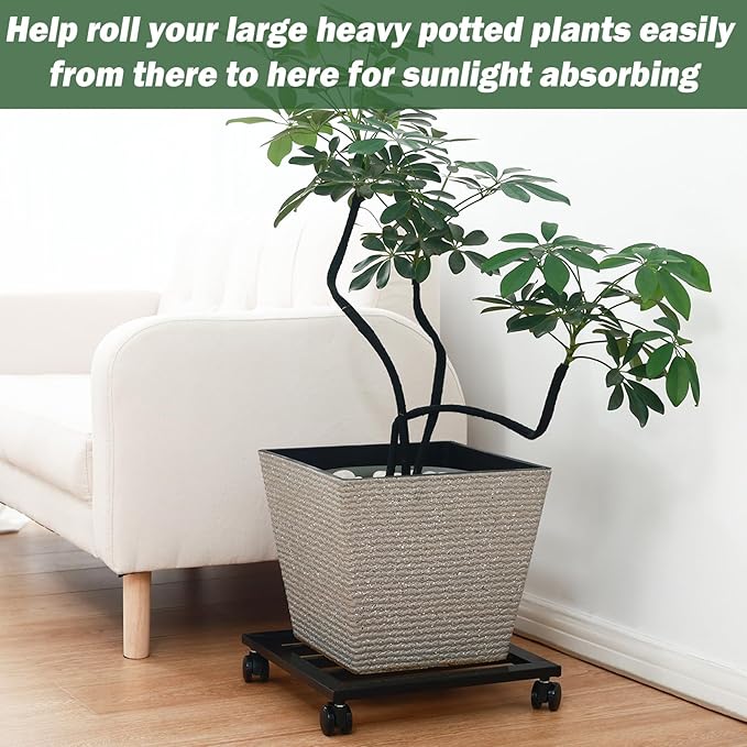 2 Packs 16 inches Extra-Large Metal Plant Caddy with PU Wheels Square Planter Dolly Pot Mover Rollers Iron Rolling Wheeled Plant Stands Indoor Outdoor Plant Holder Coaster Trolley, Black