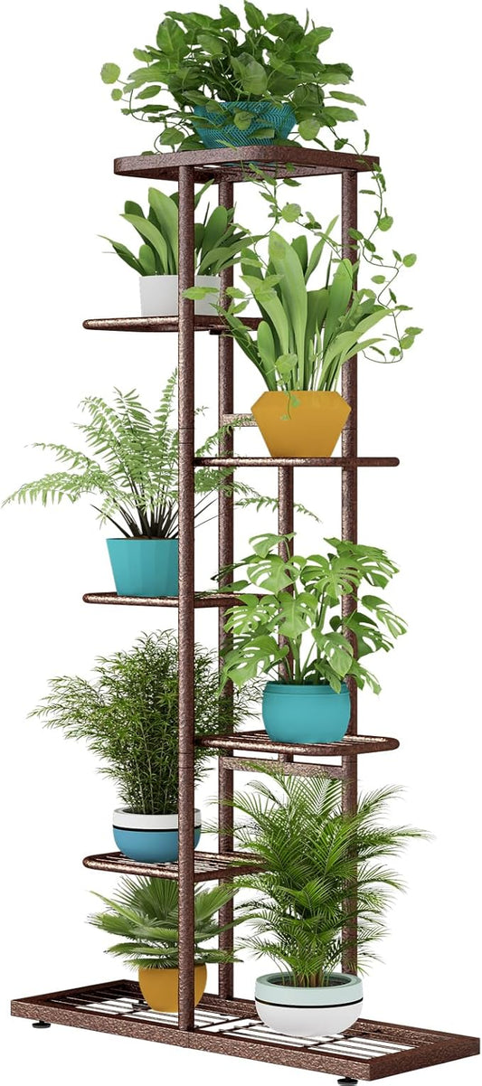 LINZINAR Plant Stand Metal 7 Tier 8 Potted Multiple Flower Pot Holder Shelf Indoor Outdoor Planter Display Shelving Unit for Patio Garden Corner Balcony Living Room, Bronze