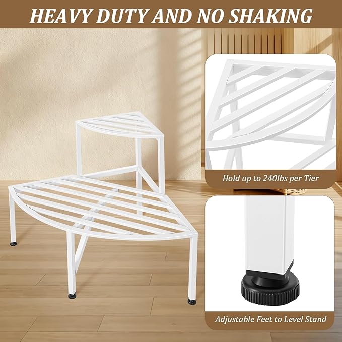 Corner Plant Stand Outdoor Metal,2 Tier Heavy Duty Ladder Plant Shelf Indoor for Multiple Plants,37.08" L x 22.83" W x 20.07" H,White