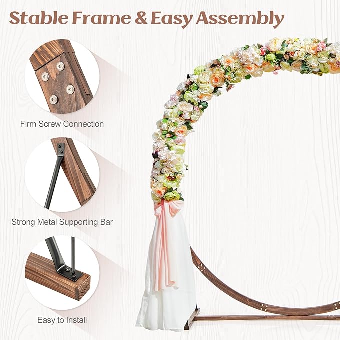 S AFSTAR 7.4FT Round Wedding Arch Wooden, Flower Balloon Arch Stand W/Triangular-Shaped Base, 4 U-Shaped Stakes, Indoor Outdoor Boho Decor Round Arch Backdrop Stand for Wedding Ceremony Party