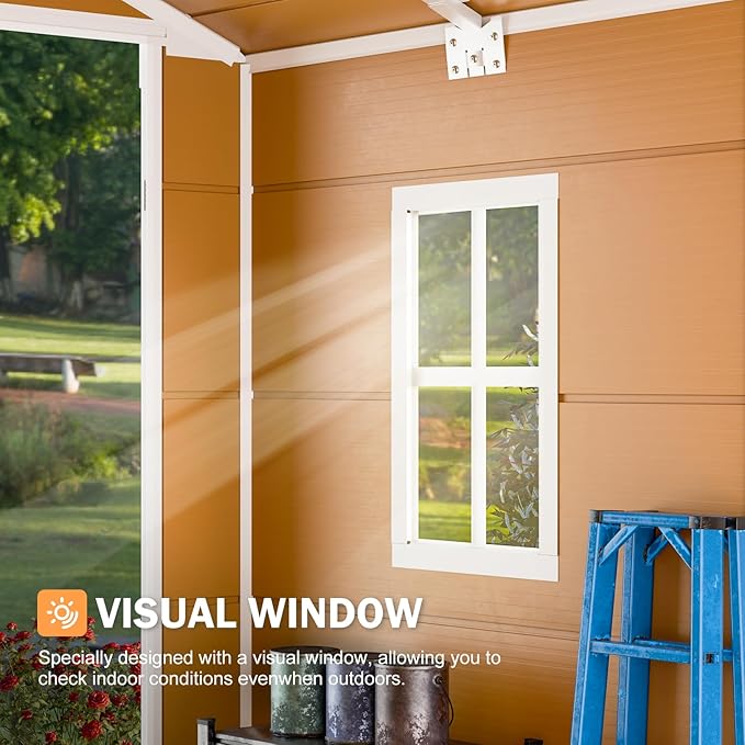 HUSFU Outdoor Resin Storage Shed 8x6 FT, Plastic Tool Shed for Bike, Garbage Can, Chicken Coop, Outside Sheds with Lockable Door for Backyard, Patio, Lawn, Light Brown