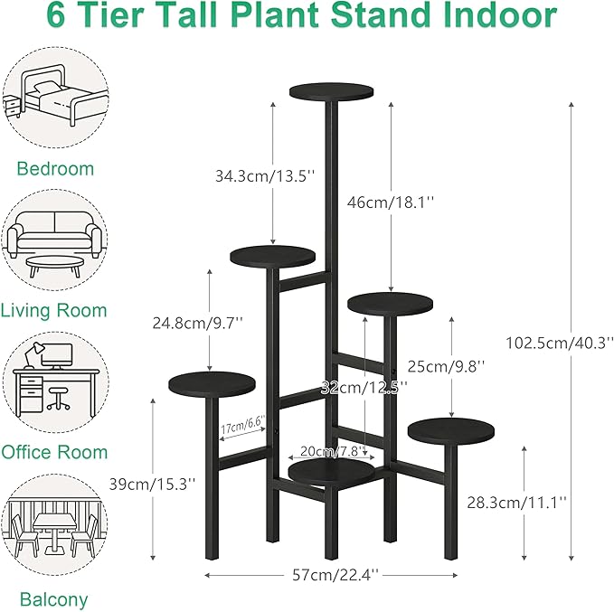 6 Tier Corner Plant Stand Indoor Outdoor, Tall Large Plant Shelf for Multiple Plants, Tiered Flower Pot Holder, Metal Display Plant Shelves for Living Room, Balcony, Patio, Garden (Black)GPS514B