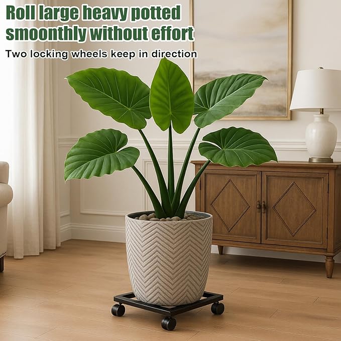 1 Packs 12 inches Large Metal Plant Caddy with PU Wheels Square Planter Dolly Pot Mover Rollers Wrought Iron Rolling Plant Stands Indoor Outdoor Plant Holder Coaster Trolley, Black