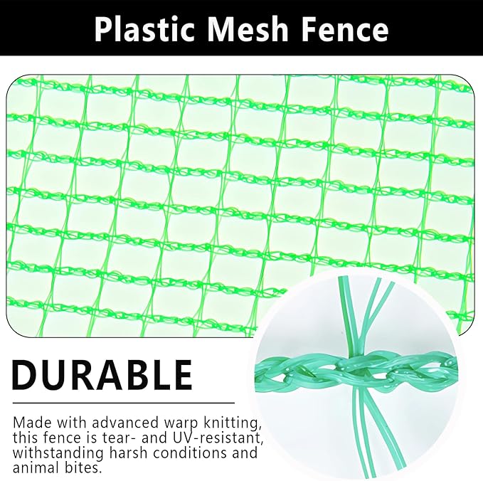 4x65ft Deer Fence Netting, Plastic Mesh Fence Heavy Duty Garden Fence Animal Barrier Garden Netting for Plants Fruit Trees Vegetables Against Deer, Birds, Rabbits, Chickens and Other Animals, Green