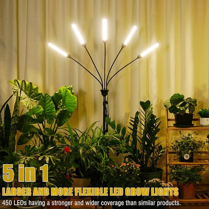 5 in 1 Grow Lights for Indoor Plants Full Spectrum, LED Grow Lights with Stand, Auto On/Off Timing 3/6/9/12/15/18H & 10 Brightness Levels Plant Growing Lamps for Indoor Plants.