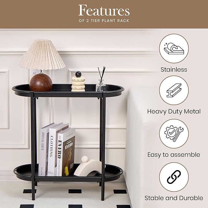 Large Metal 2-Tier Plant Stand – Sleek Black Indoor/Outdoor Flower Pot Shelf with Oval Trays, Space-Saving Modern Storage Rack for Plants, Decor, or Small Furniture Accent