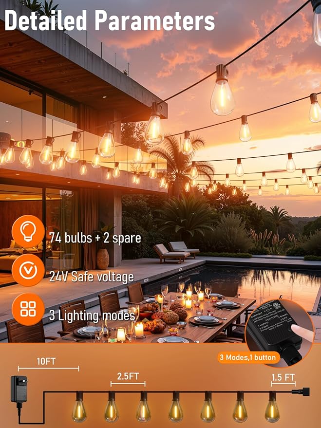 luckystyle 200FT LED Outdoor String Lights with Remote, 74+2 Shatterproof Bulbs Waterproof and Dimmable Patio Lights for Porch, Garden, Backyard, Deck, Balcony, 2200K Hanging Lighting