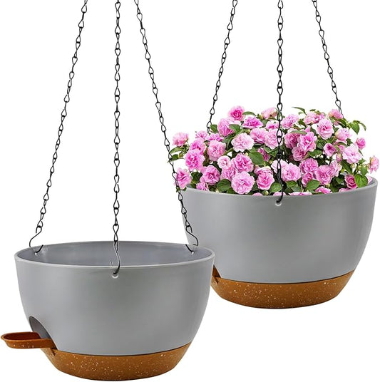 12 inch Hanging Planters for Indoor Plants, 2 Pack Self-Watering Hanging Planter Pots with Chain and Drainage Holes, Outdoor Plastic Hanging Baskets for Garden Home Decor