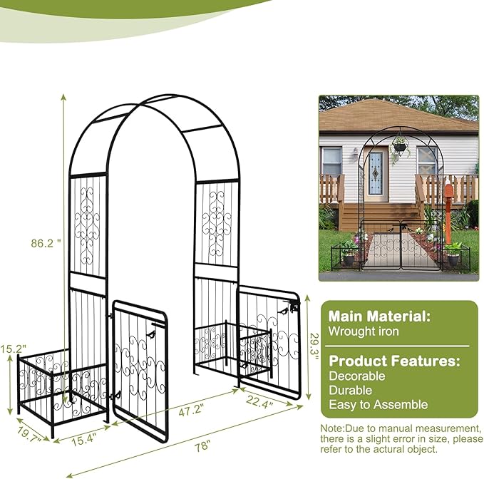 Outvita 7FT Garden Arch Arbor with Entry Door and Plant Frame, Heavy Duty Metal Arbour Archway, Decorative Frame Stand Trellis with Ground Stakes for Wedding Ceremony Party Plant Patio Black