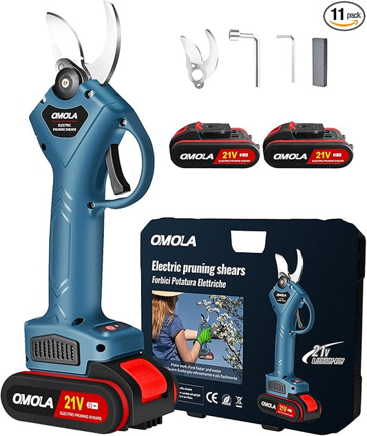 OMOLA Electric Pruning Shears,with 2 PCS Rechargeable 21V 2Ah 2000mA Lithium Battery Powered and 2 Blades，1Inch/25mm Cutting Diameter,6-8 Working Hours…