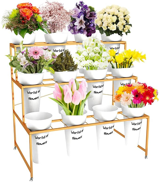 Flower Display Stand With 12PCS Buckets, 3 Layers Metal Plant Stand with Wheels, Heavy Duty Moving Plant Cart Shelf, for Indoor, Outdoor Patio Garden, Living Room, Florist (White - Round Bucket)