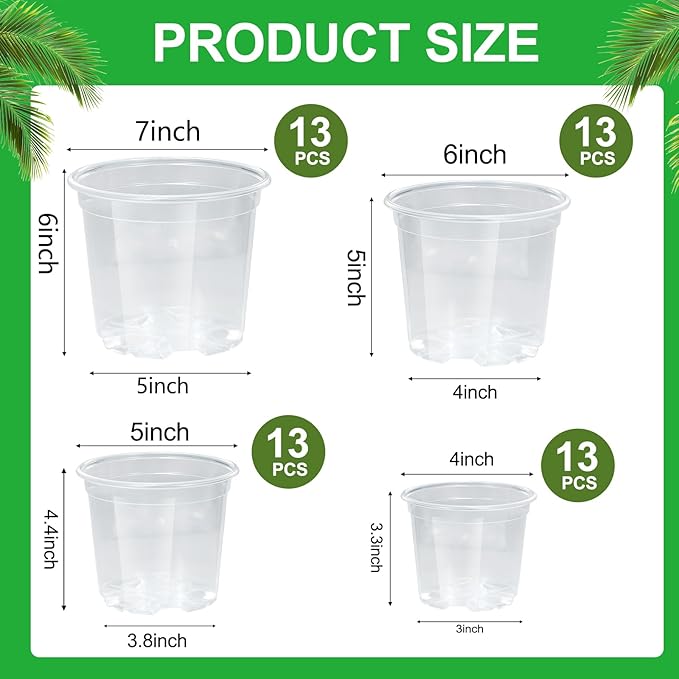 52 Pack 7/6/5/4 Inch Clear Nursery Pots with Drainage Holes,Plastic Plant Flower Pots for Planting,Succulents,Garden,Planters,Seed Starter,Indoor and Outdoor