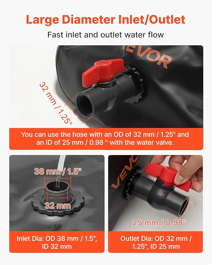 VEVOR Water Storage Bladder, 264 Gallon (1000L) Water Storage Container Tank, 1000D PVC Large Capacity Soft Bag Bladder, Collapsible Portable for Garden Irrigation, Camping, RV, Emergency Use - Black
